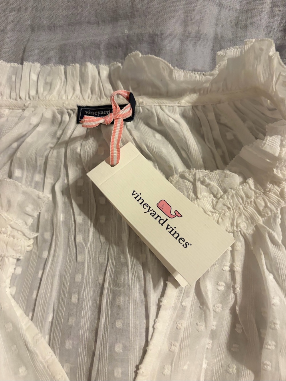 Vineyard Vines Women’s Cotton White Swiss Dot Ruffle Neck Blouse Sz Large - Picture 5 of 10